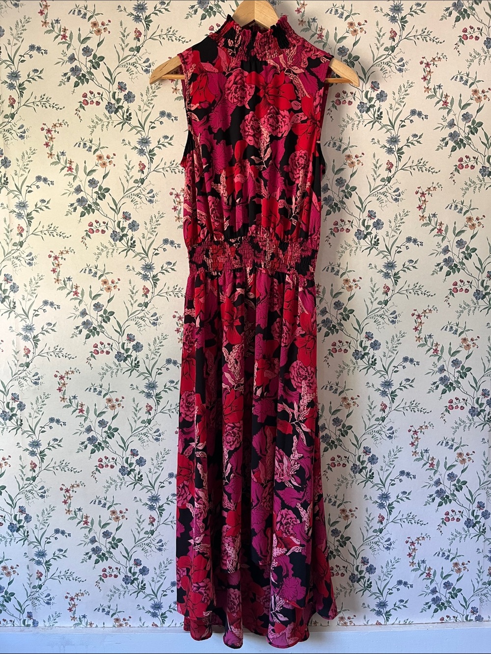 Sleeveless High-Neck Hi-lo Maxi Dress in Botanical Floral w/ pinks, red, & black